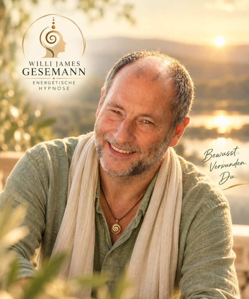Willi James Gesemann lächelnd vor einer Flusslandschaft im Abendlicht, mit Logo „Energetische Hypnose“