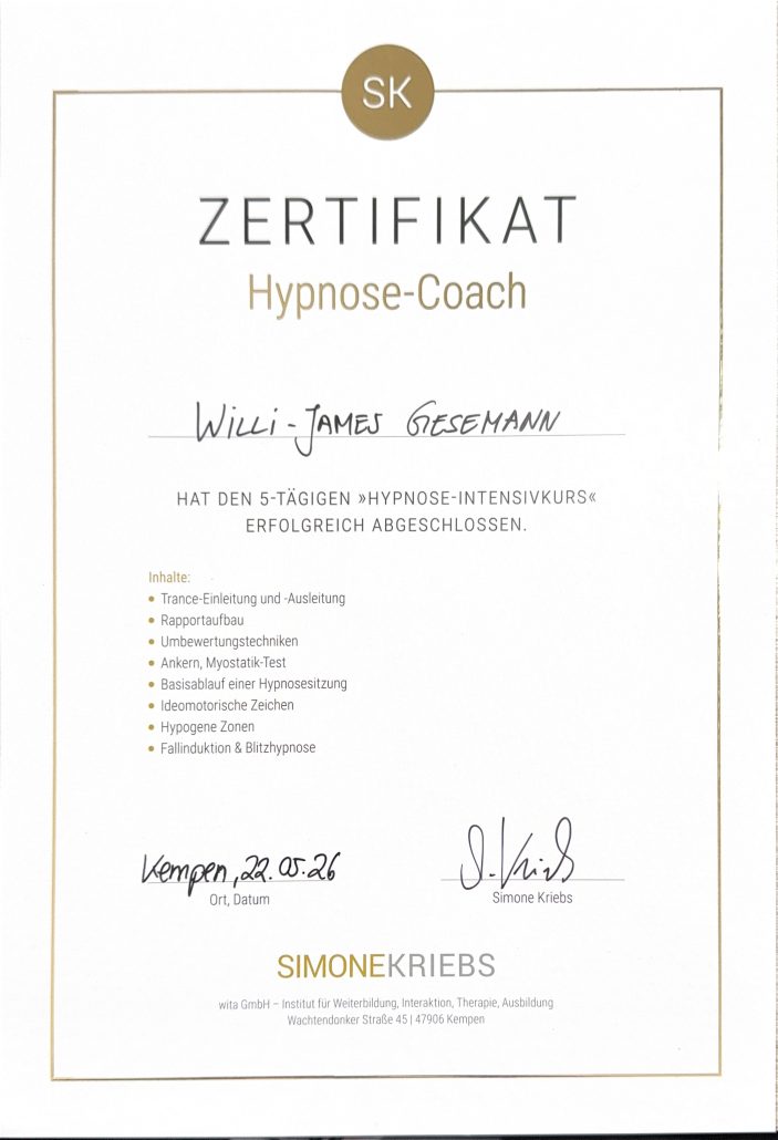 Zertifikat Hypnose-Coach von Simone Kriebs, wita GmbH, für Willi-James Gesemann (Kempen, 22.05.2026)